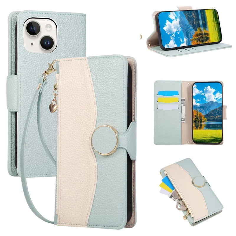 Cover per iPhone 15 con Portafoglio con Cerniera, Custodia a Libro in PU e TPU con Cuciture Colorate e Cinturino - Verde