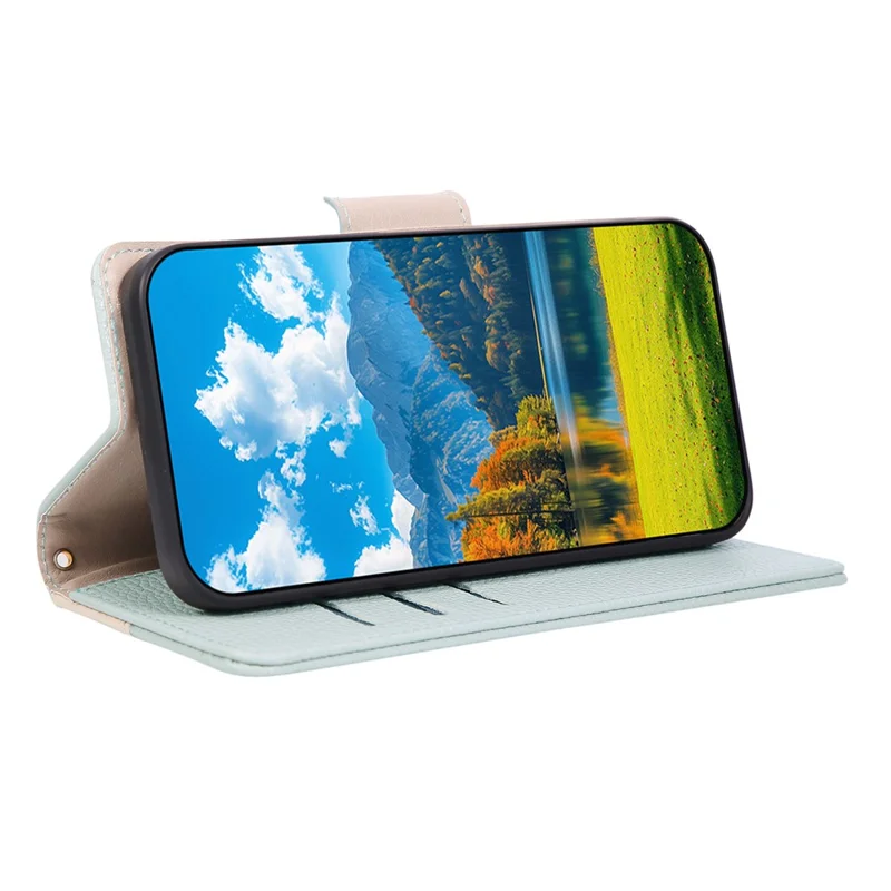 Cover per iPhone 15 con Portafoglio con Cerniera, Custodia a Libro in PU e TPU con Cuciture Colorate e Cinturino - Verde