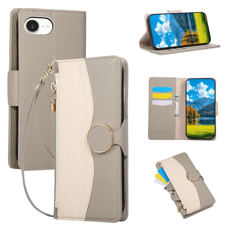 Für iPhone 16e Hülle mit Reißverschluss, Geldbörse, Farbverbindung, TPU-PU-Leder-Klapphülle mit Gurt - Grau