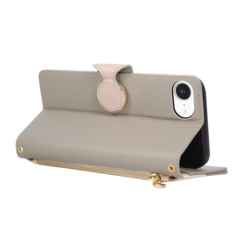 Für iPhone 16e Hülle mit Reißverschluss, Geldbörse, Farbverbindung, TPU-PU-Leder-Klapphülle mit Gurt - Grau
