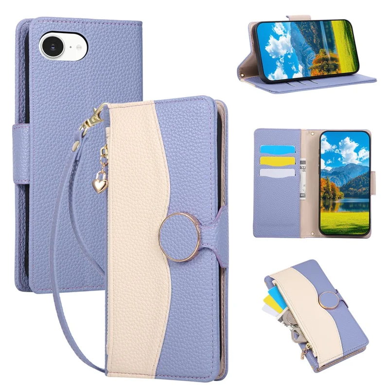 Чехол для iPhone 16e с отделением-кошельком на молнии, цветной вставкой, из ТПУ и искусственной кожи, флип-чехол с ремешком — фиолетовый