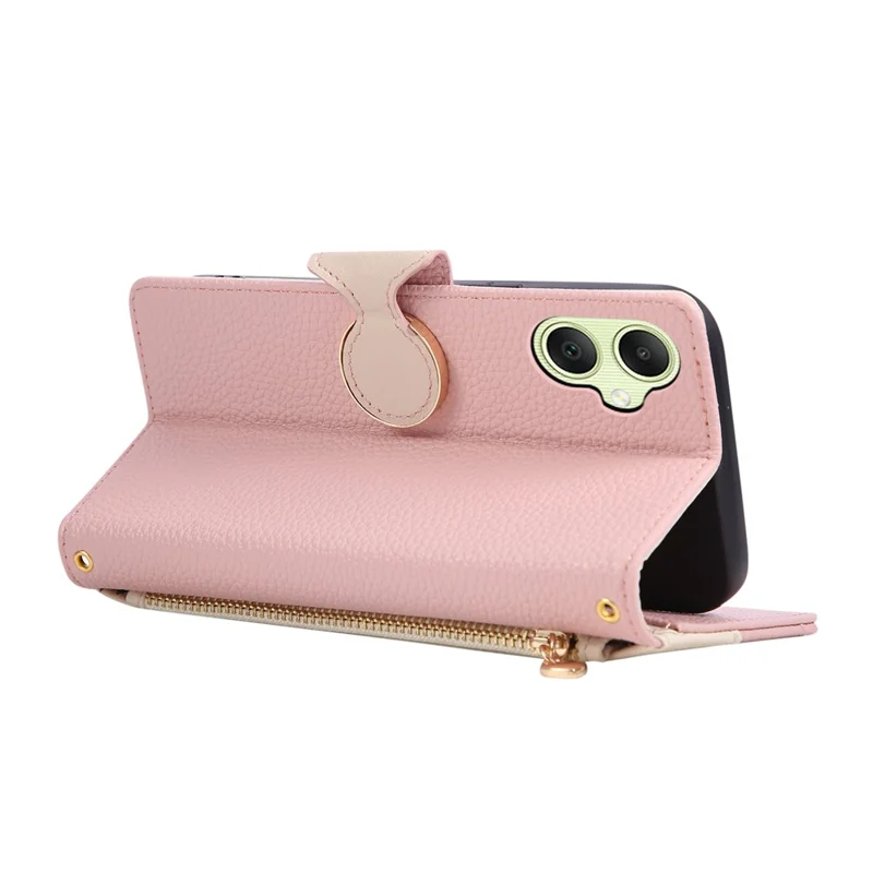 For Samsung Galaxy A07 4G Case Zipper Wallet Color Splicing TPU PU Leather Flip Phone Cover with Strap - Pink