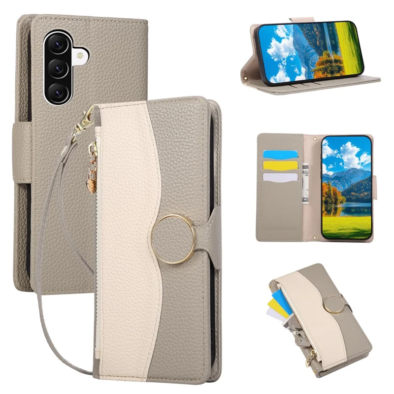 غطاء هاتف لهاتف Samsung Galaxy A17 5G / A17 4G بمحفظة بسحّاب وتصميم مدمج من مادة TPU وجلد PU قابل للطي مع حزام - رمادي