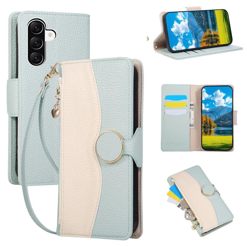 For Samsung Galaxy A36 5G Case Zipper Wallet Color Splicing TPU PU Leather Flip Phone Cover with Strap - Green