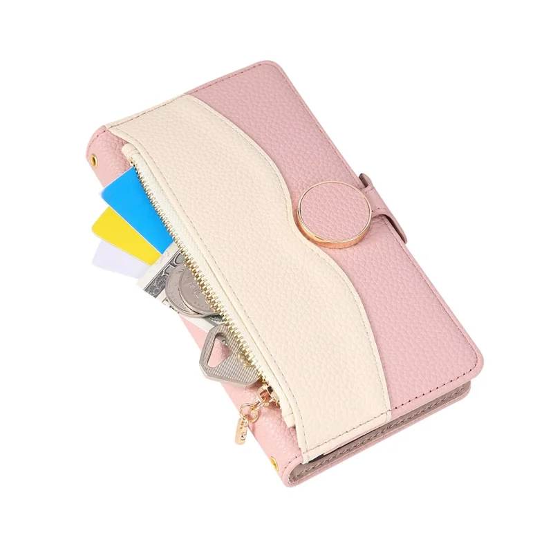 For Samsung Galaxy A56 5G Case Zipper Wallet Color Splicing TPU PU Leather Flip Phone Cover with Strap - Pink