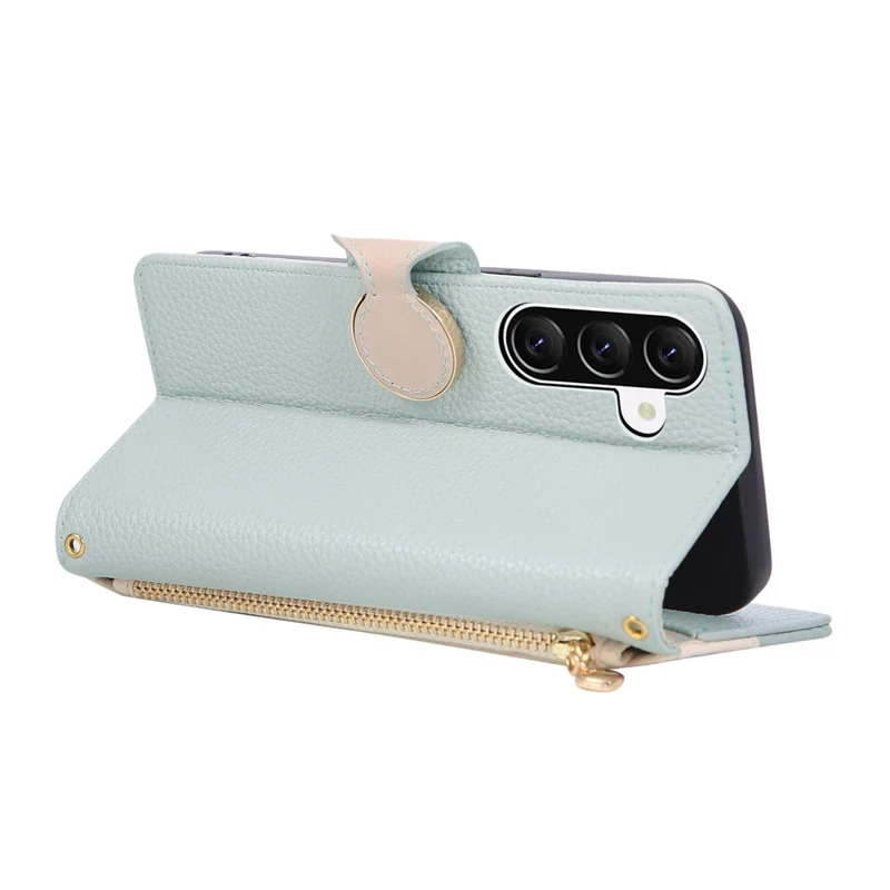 For Samsung Galaxy A27 Case Zipper Wallet Color Splicing TPU PU Leather Flip Phone Cover with Strap - Green