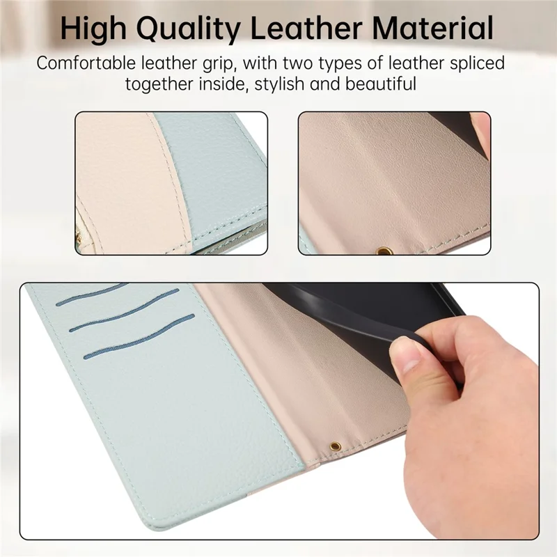 For Samsung Galaxy A27 Case Zipper Wallet Color Splicing TPU PU Leather Flip Phone Cover with Strap - Green