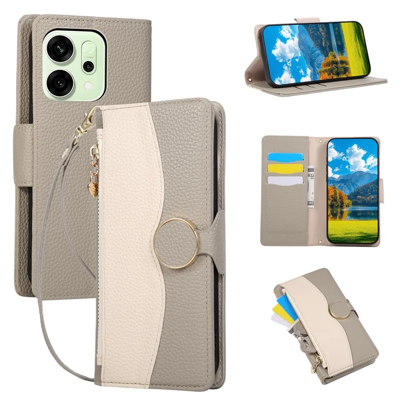 For Oppo Reno14 F 5G Case Zipper Wallet Color Splicing TPU PU Leather Flip Phone Cover with Strap - Grey
