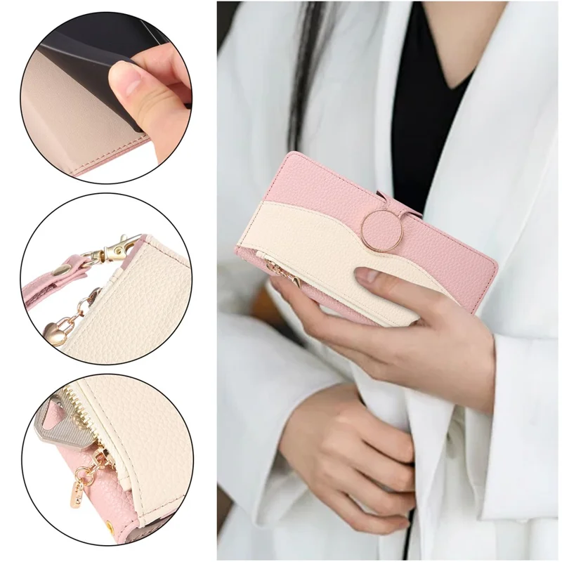 For Oppo Reno14 F 5G Case Zipper Wallet Color Splicing TPU PU Leather Flip Phone Cover with Strap - Pink