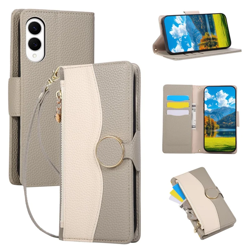 Cover con Portafoglio con Cerniera per Samsung Galaxy S25 Edge, Custodia Pieghevole in PU e TPU con Trama Colorata e Cinturino - Grigio