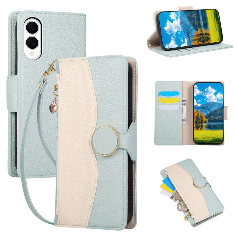 For Samsung Galaxy S25 Edge Case Zipper Wallet Color Splicing TPU PU Leather Flip Phone Cover with Strap - Green
