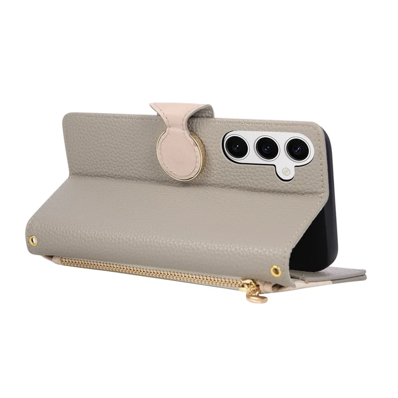 Capa Carteira com Fecho de Correr para Samsung Galaxy S25 FE, Capa de Telemóvel em Pele PU e TPU com Suporte e Alça - Cinzenta