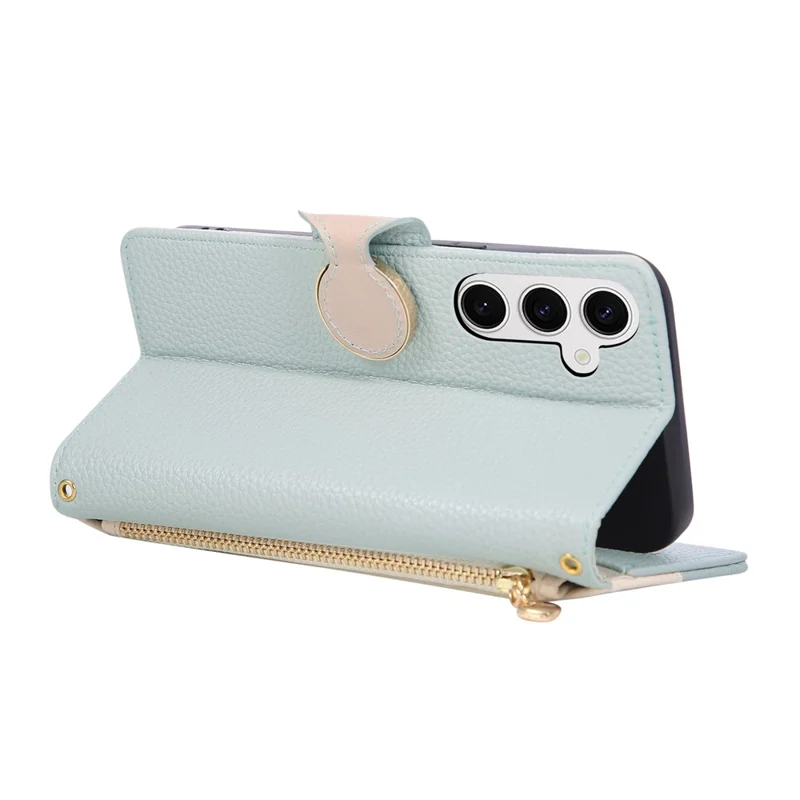 For Samsung Galaxy S25 FE Case Zipper Wallet Color Splicing TPU PU Leather Flip Phone Cover with Strap - Green