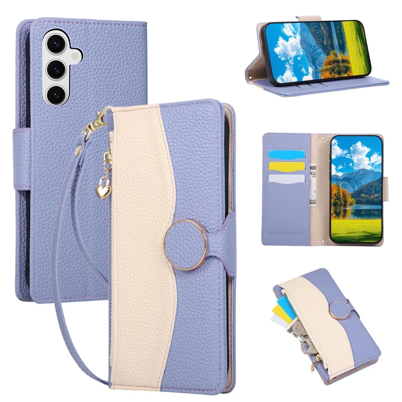 For Samsung Galaxy S25 Case Zipper Wallet Color Splicing TPU PU Leather Flip Phone Cover with Strap - Purple