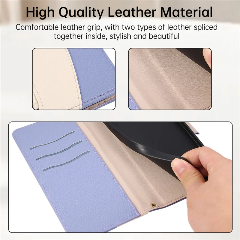 For Samsung Galaxy S25 Case Zipper Wallet Color Splicing TPU PU Leather Flip Phone Cover with Strap - Purple