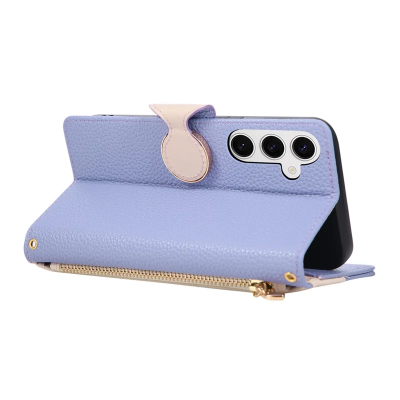 For Samsung Galaxy S25 Case Zipper Wallet Color Splicing TPU PU Leather Flip Phone Cover with Strap - Purple