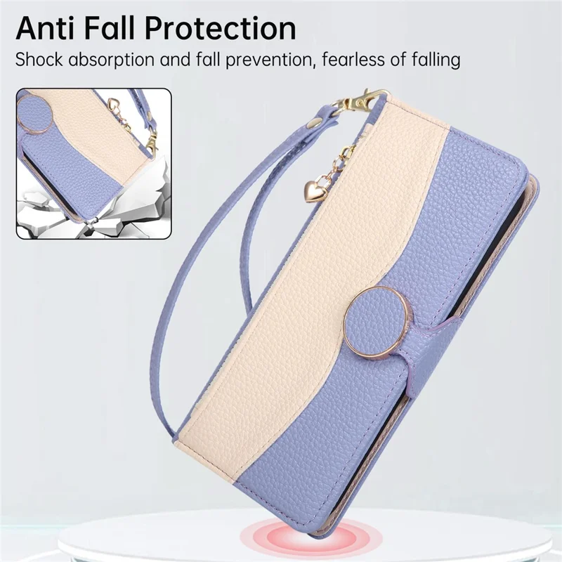 For Samsung Galaxy S25 Case Zipper Wallet Color Splicing TPU PU Leather Flip Phone Cover with Strap - Purple