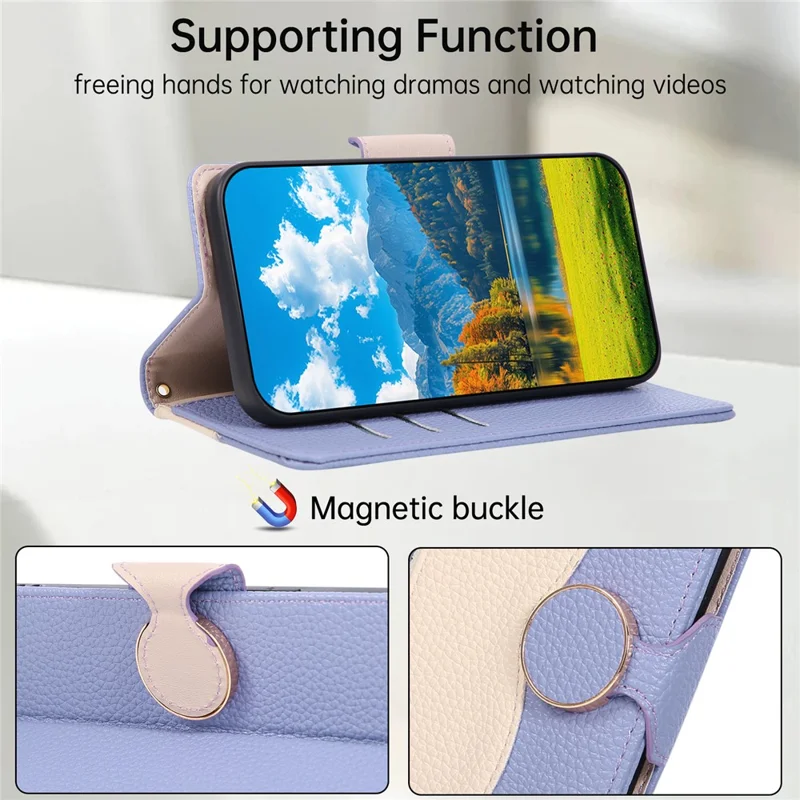 For Samsung Galaxy S25 Case Zipper Wallet Color Splicing TPU PU Leather Flip Phone Cover with Strap - Purple