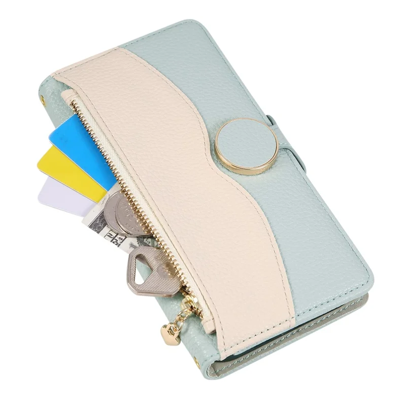 For Samsung Galaxy S26+ Case Zipper Wallet Color Splicing TPU PU Leather Flip Phone Cover with Strap - Green