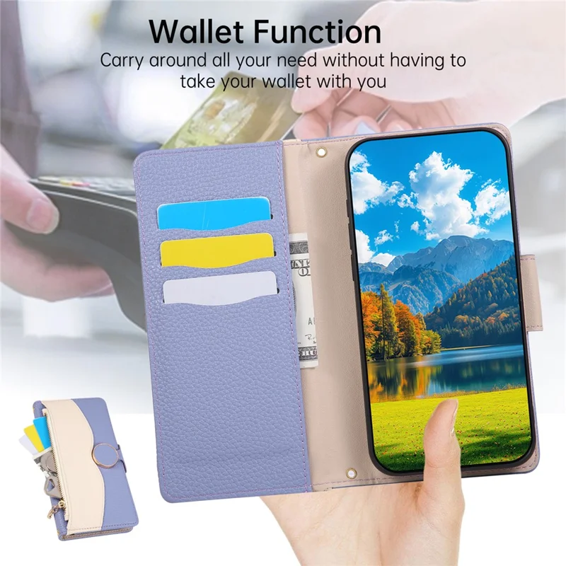 For Samsung Galaxy S24+ Case Zipper Wallet Color Splicing TPU PU Leather Flip Phone Cover with Strap - Purple