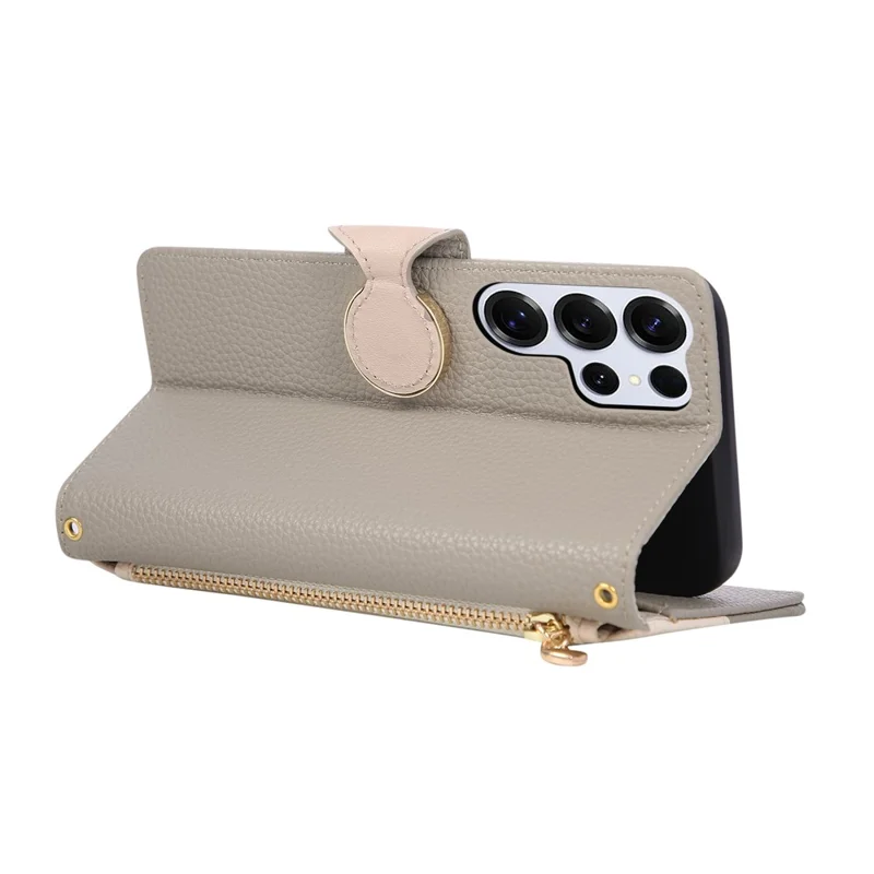 Étui pour Samsung Galaxy S25 Ultra avec Portefeuille à Fermeture Éclair, Housse de Protection à Rabat en Cuir PU et TPU, Couleur Bicolore, avec Sangle - Gris