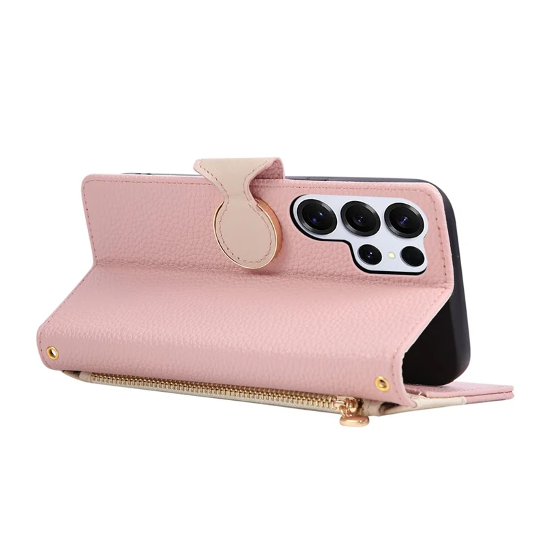 For Samsung Galaxy S26 Ultra Case Zipper Wallet Color Splicing TPU PU Leather Flip Phone Cover with Strap - Pink