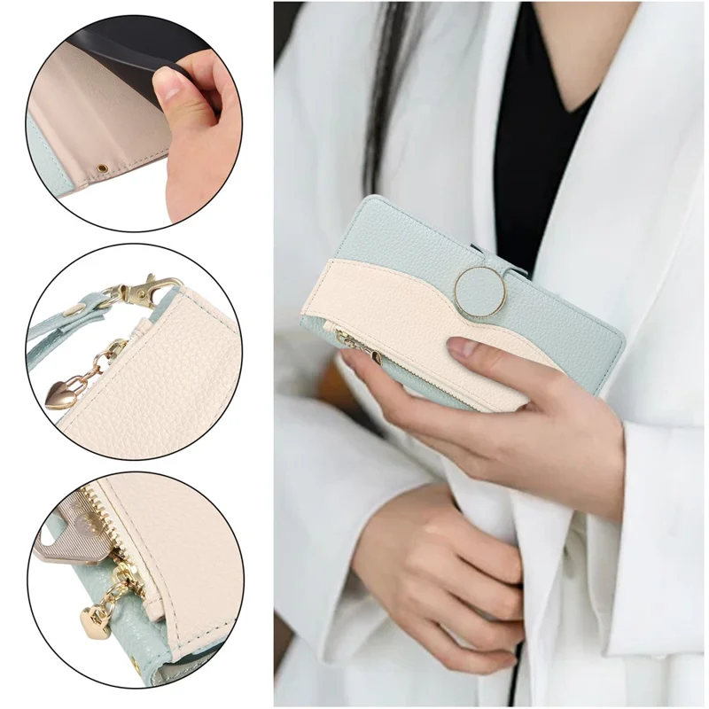 For Samsung Galaxy S24 Ultra Case Zipper Wallet Color Splicing TPU PU Leather Flip Phone Cover with Strap - Green