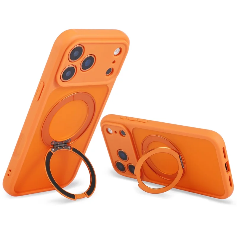 Coque pour iPhone 17 Pro compatible MagSafe avec support pivotant TPU + PC, housse tactile texture peau - Orange