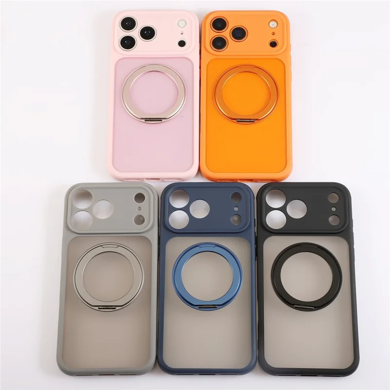 Coque pour iPhone 17 Pro compatible MagSafe avec support pivotant TPU + PC, housse tactile texture peau - Orange