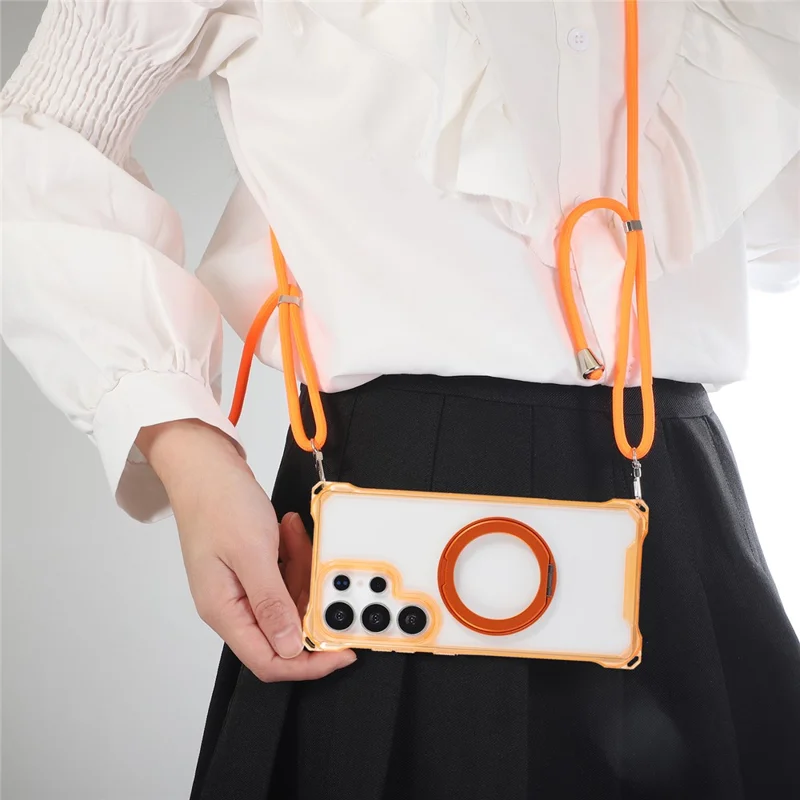 Für Samsung Galaxy S26 Ultra Magnetische Hülle mit Ringständer TPU + PC Handy-Schutzhülle mit Umhängeband - Orange