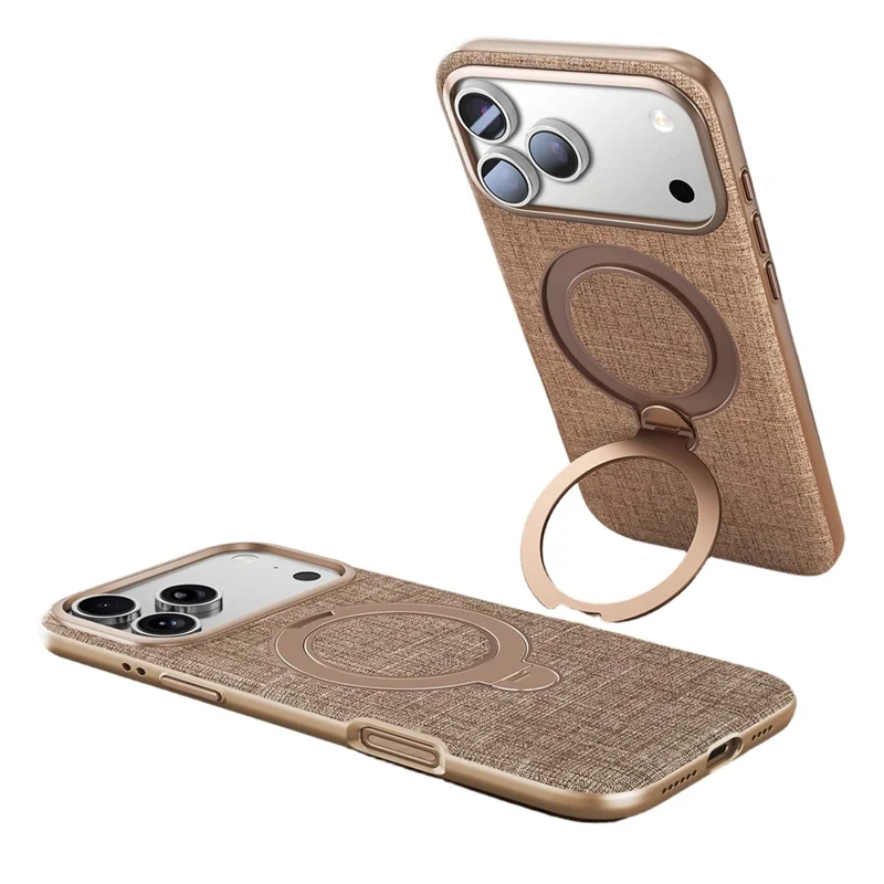 JAUCASE Custodia Magnetica per iPhone 17 Pro con Texture in Lino e Supporto Anulare Girevole, Cover in PC + TPU - Oro Champagne