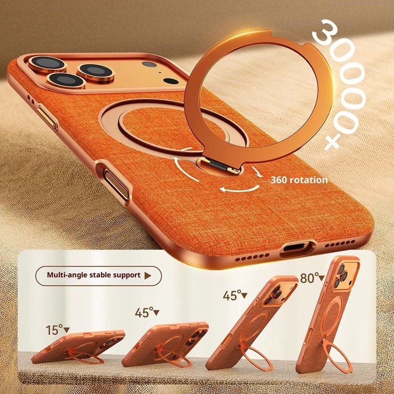 JAUCASE Custodia Magnetica per iPhone 17 Pro con Texture in Lino e Supporto Anulare Girevole, Cover in PC + TPU - Oro Champagne