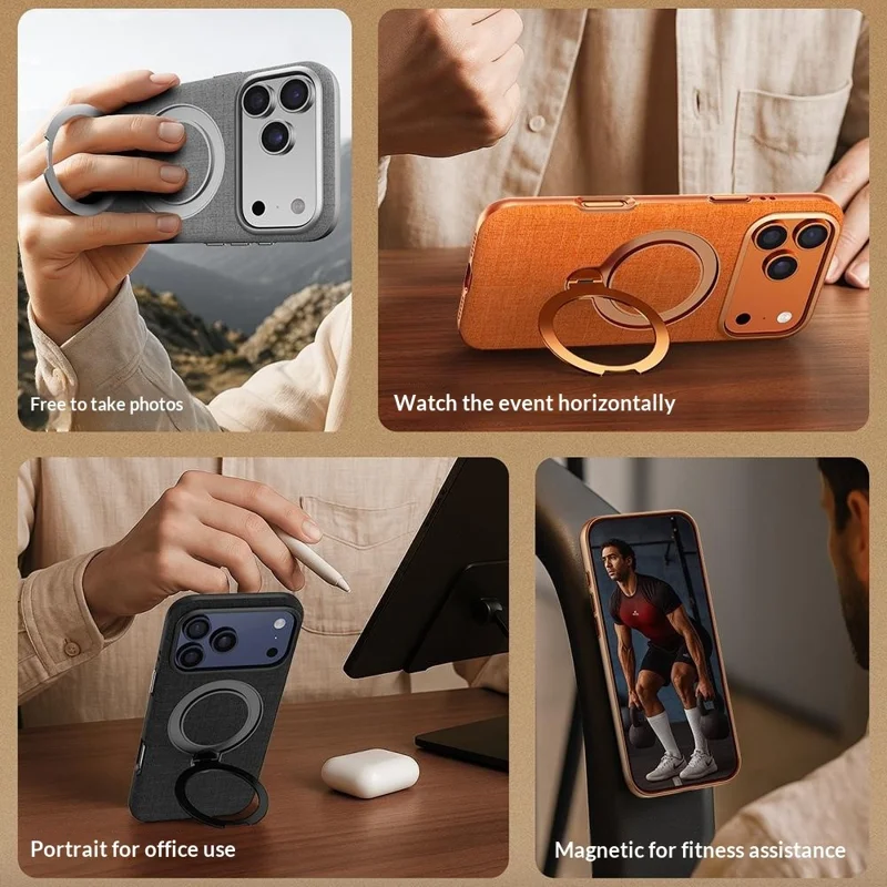 JAUCASE Custodia Magnetica per iPhone 17 Pro con Texture in Lino e Supporto Anulare Girevole, Cover in PC + TPU - Oro Champagne