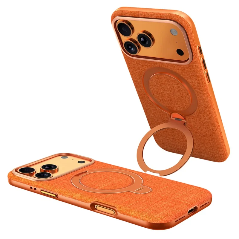 JAUCASE Coque Magnétique pour iPhone 17 Pro Max, Texture Lin Rotative avec Support Anneau en PC + TPU - Orange