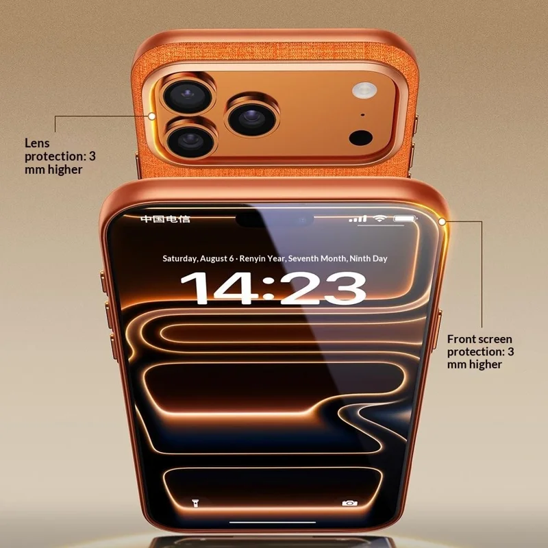 JAUCASE Coque Magnétique pour iPhone 17 Pro Max, Texture Lin Rotative avec Support Anneau en PC + TPU - Orange