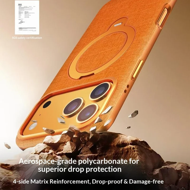 JAUCASE Coque Magnétique pour iPhone 17 Pro Max, Texture Lin Rotative avec Support Anneau en PC + TPU - Orange