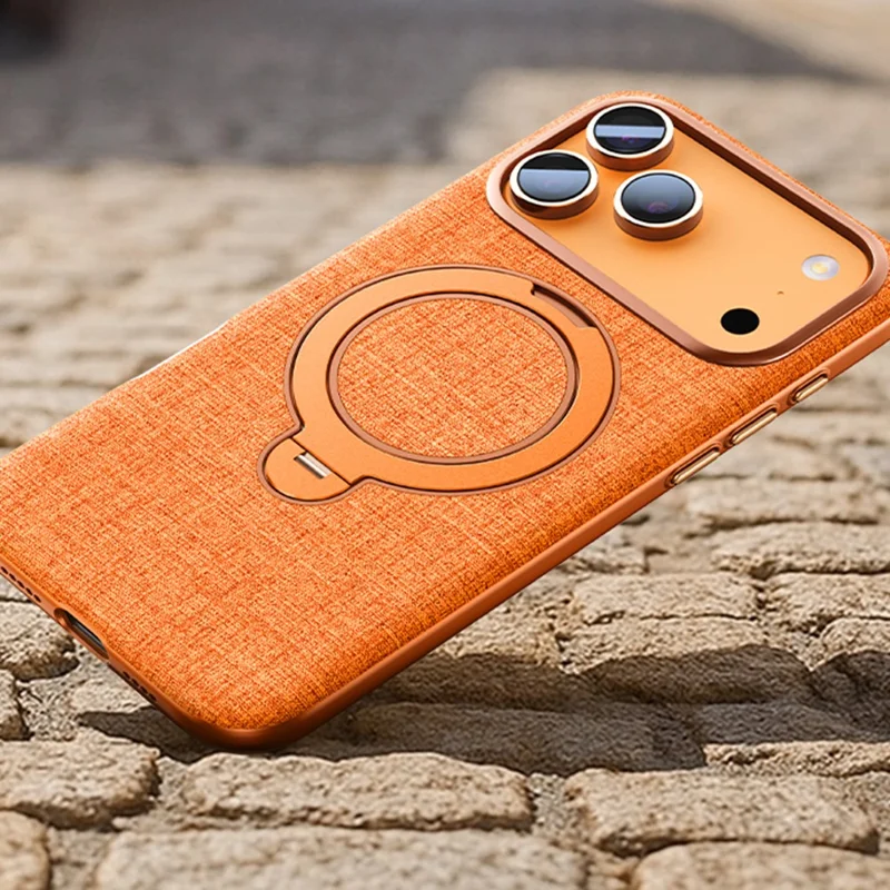 JAUCASE Coque Magnétique pour iPhone 17 Pro Max, Texture Lin Rotative avec Support Anneau en PC + TPU - Orange