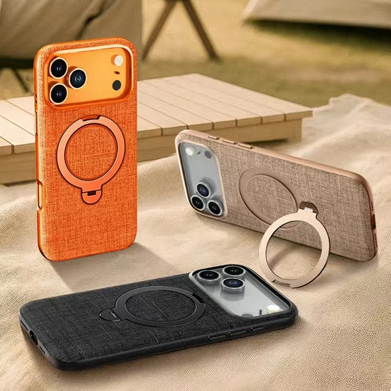 JAUCASE Coque Magnétique pour iPhone 17 Pro Max, Texture Lin Rotative avec Support Anneau en PC + TPU - Orange