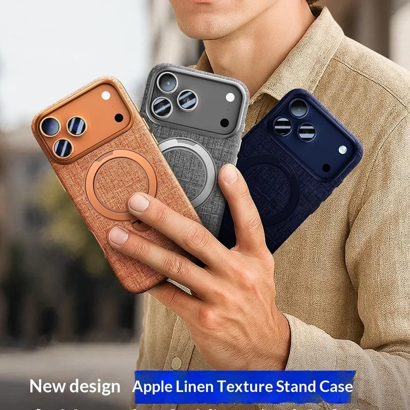 JAUCASE Coque Magnétique pour iPhone 17 Pro Max, Texture Lin Rotative avec Support Anneau en PC + TPU - Orange