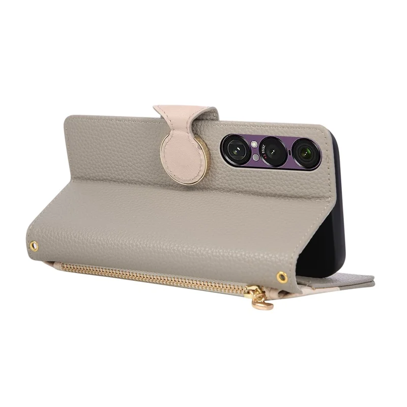 Flip-Case für Sony Xperia 1 VII mit Reißverschluss, Geldbörse, farblich abgesetztes TPU-PU-Leder mit Strap - Grau