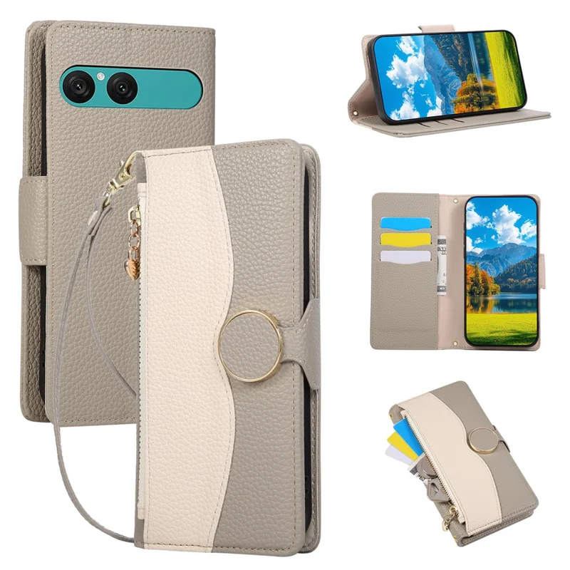 Flip Case til Sony Xperia 10 VII med lynlåsewallet, farvesplejsning i TPU og PU-læder med bøjle - Grå