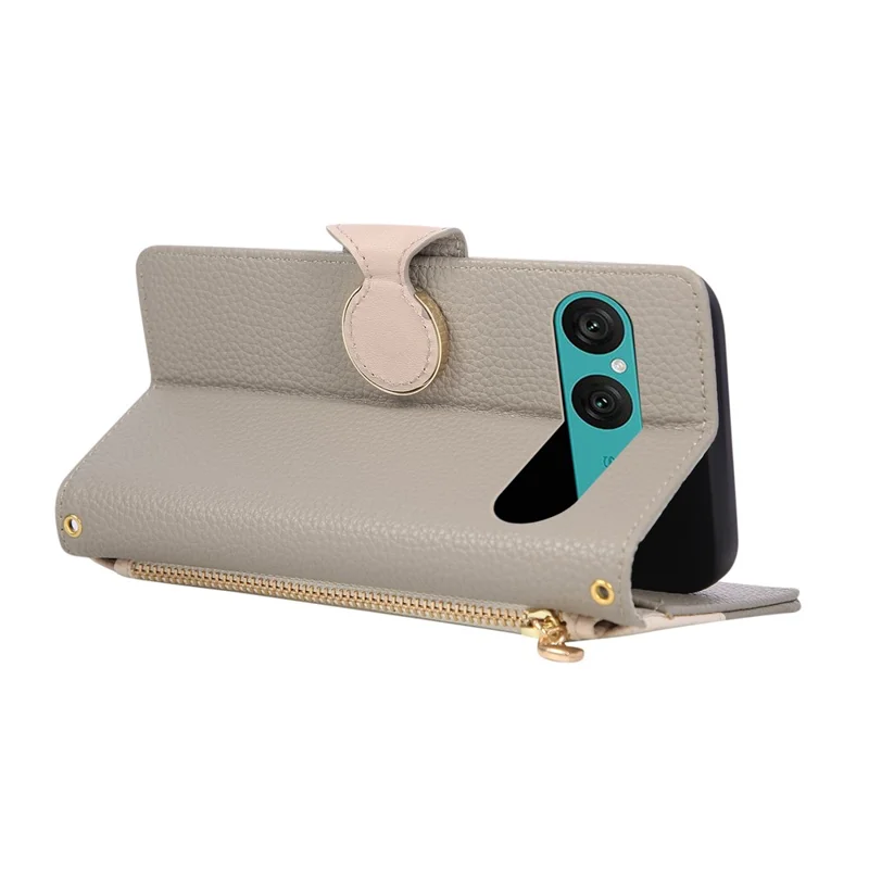 Flip Case til Sony Xperia 10 VII med lynlåsewallet, farvesplejsning i TPU og PU-læder med bøjle - Grå