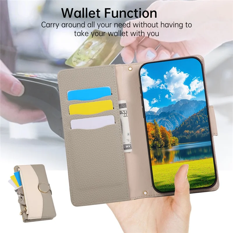 Flip Case til Sony Xperia 10 VII med lynlåsewallet, farvesplejsning i TPU og PU-læder med bøjle - Grå