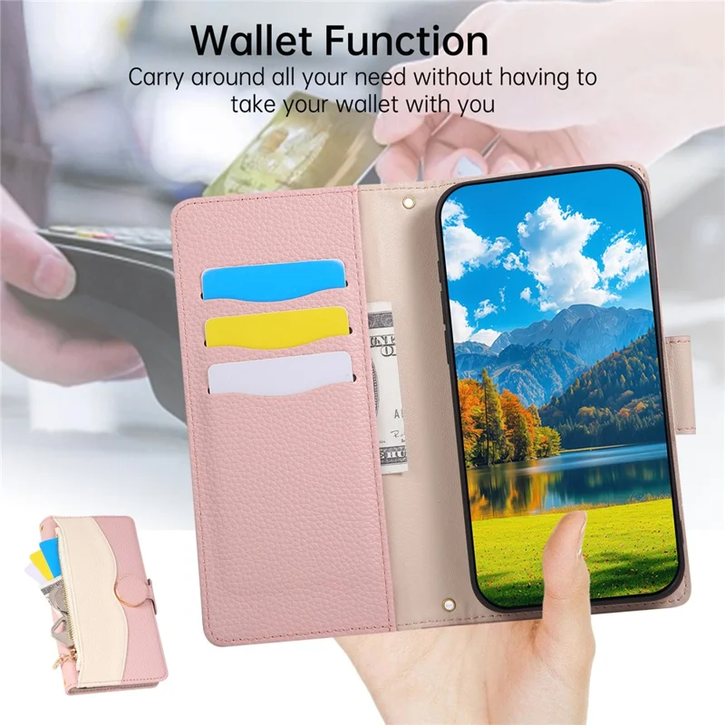 Phone Case For Google Pixel 9  /  9 Pro Zipper Wallet Color Splicing TPU PU Leather Flip Phone Cover with Strap - Pink