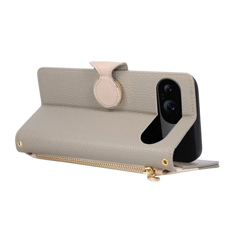 Phone Case For Google Pixel 10  /  10 Pro Zipper Wallet Color Splicing TPU PU Leather Flip Phone Cover with Strap - Grey