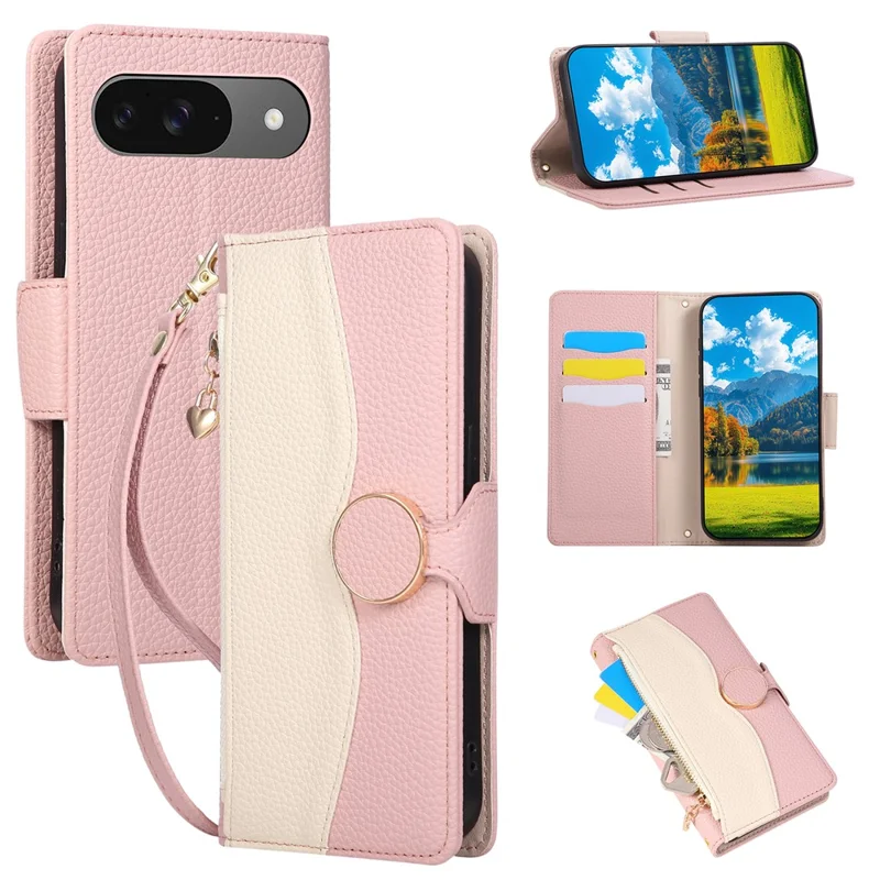Handyhülle für Google Pixel 10 / 10 Pro, mit Reißverschluss, Geldbörse, Farbverbindung, TPU-PU-Leder-Klapphülle mit Strap - Rosa