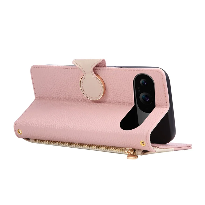Handyhülle für Google Pixel 10 / 10 Pro, mit Reißverschluss, Geldbörse, Farbverbindung, TPU-PU-Leder-Klapphülle mit Strap - Rosa