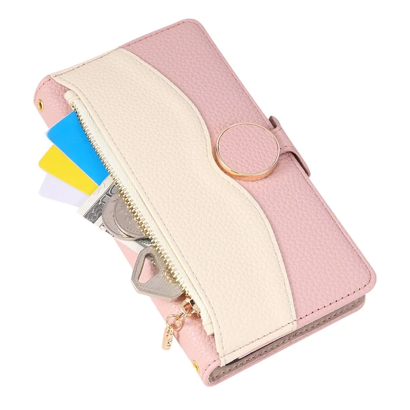 Handyhülle für Google Pixel 10 / 10 Pro, mit Reißverschluss, Geldbörse, Farbverbindung, TPU-PU-Leder-Klapphülle mit Strap - Rosa