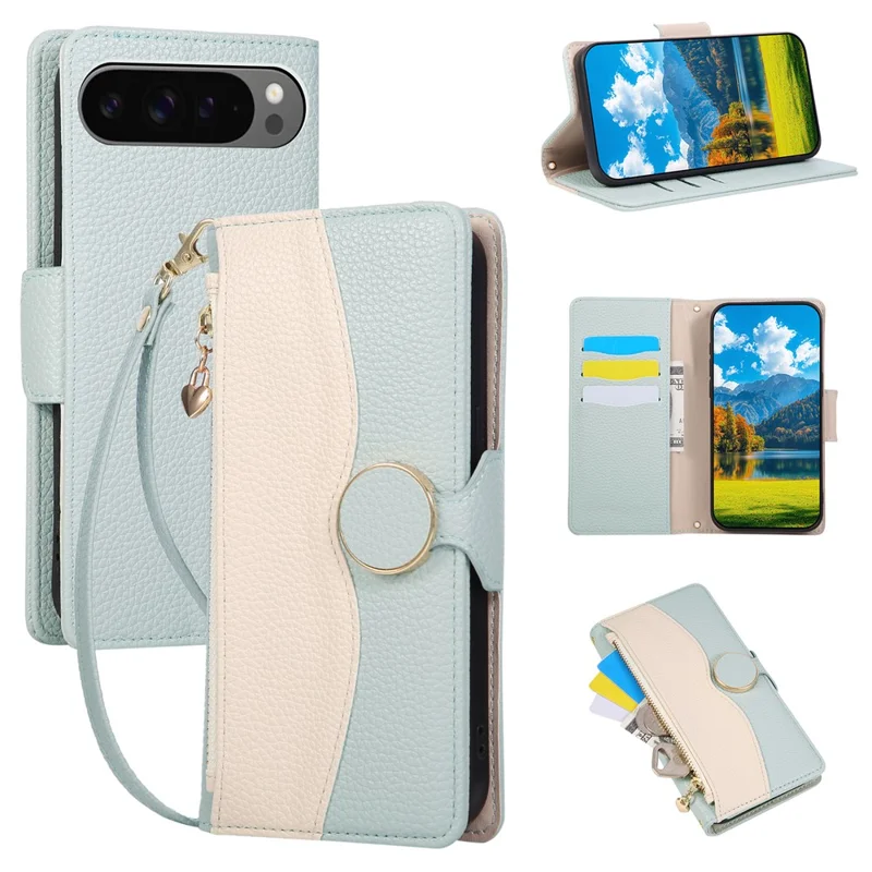 Fliphoes voor Google Pixel 9 Pro XL met portemonnee, rits, kleurcombinatie, TPU en PU-leer met draagkoord - Groen