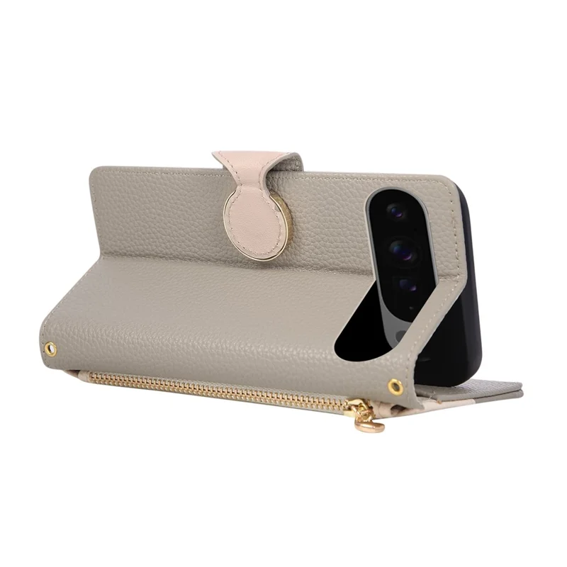 For Google Pixel 10 Pro XL Case Zipper Wallet Color Splicing TPU PU Leather Flip Phone Cover with Strap - Grey